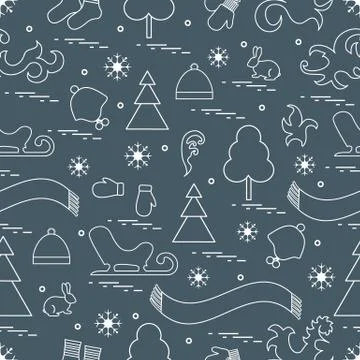 Seamless pattern with variety winter elements:  sleigh, tree, scarf, hat, mit Stock Illustration