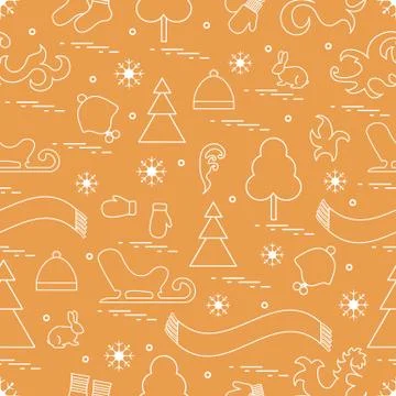 Seamless pattern with variety winter elements:  sleigh, tree, scarf, hat, mit Illustrazione stock