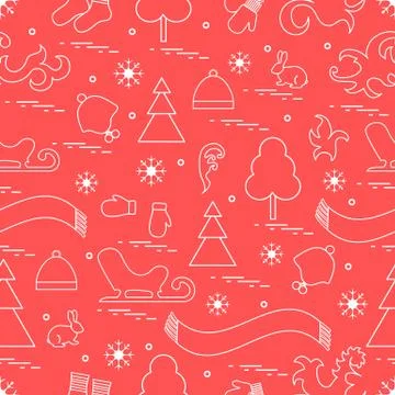 Seamless pattern with variety winter elements:  sleigh, tree, scarf, hat, mit イラスト素材