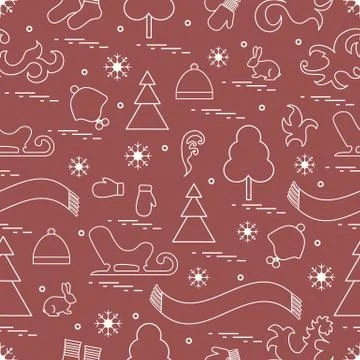 Seamless pattern with variety winter elements:  sleigh, tree, scarf, hat, mit Stock Illustration