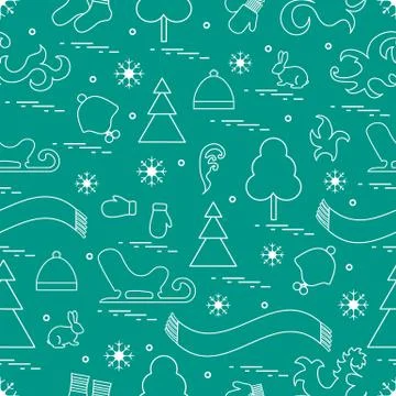 Seamless pattern with variety winter elements:  sleigh, tree, scarf, hat, mit Stock Illustration