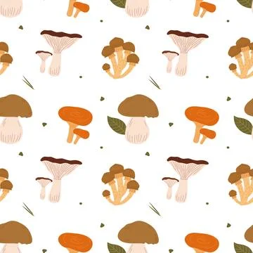 Seamless pattern with various autumn forest mushrooms and green leaves Stock Illustration