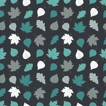 Seamless Pattern with Various Autumn Leaves in Teal, Gray, and White on a D.. Stock Illustration