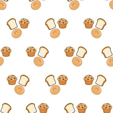 Seamless pattern with various baked goods like bread muffins and donuts. 库存插图