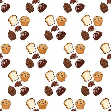 Seamless pattern with various baked goods and sweets on a white background. Illustrazione stock