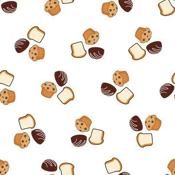 Seamless pattern with various baked goods and candies on white background. Illustrazione stock