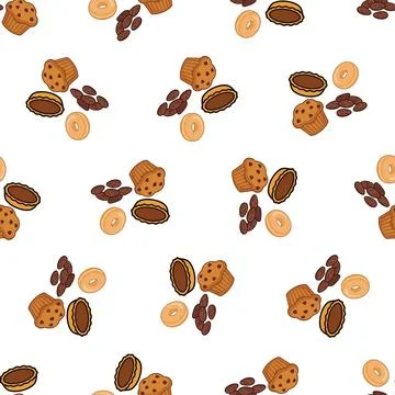 Seamless pattern with various baked goods and sweet treats. Stock-Illustration