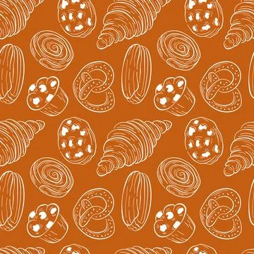 Seamless pattern of various bakery like croissant, pretzel, muffin, and pastry Stock Illustration