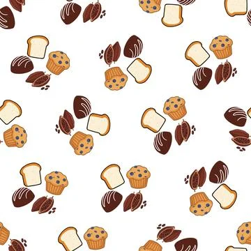 Seamless pattern with various bakery items and chocolates on white background Illustrazione stock