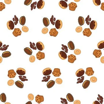 Seamless pattern with various bakery items like donuts, muffins, and cookie.. 库存插图
