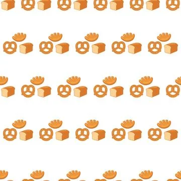 Seamless pattern with various bakery items like bread pretzels and pastries.. Stock-Illustration