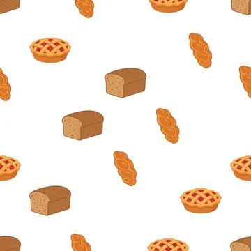 Seamless pattern of various bakery items bread and pastries on white backgr.. Stock-Illustration