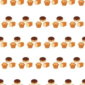 Seamless pattern with various bakery items muffins donuts and bread loaves. Stock-Illustration