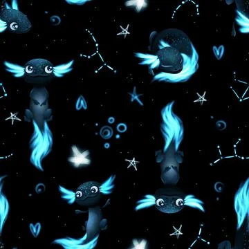 Seamless pattern with various black Axolotls, stars and constalations on vlack Stock Illustration
