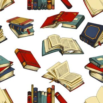 Seamless pattern with various books from library, sketch vector illustration. Illustrazione stock