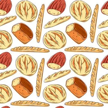 Seamless pattern with various bread types like loaves, baguettes, and round Stock Illustration