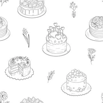 Seamless pattern with various cakes of pastry shop Stock Illustration
