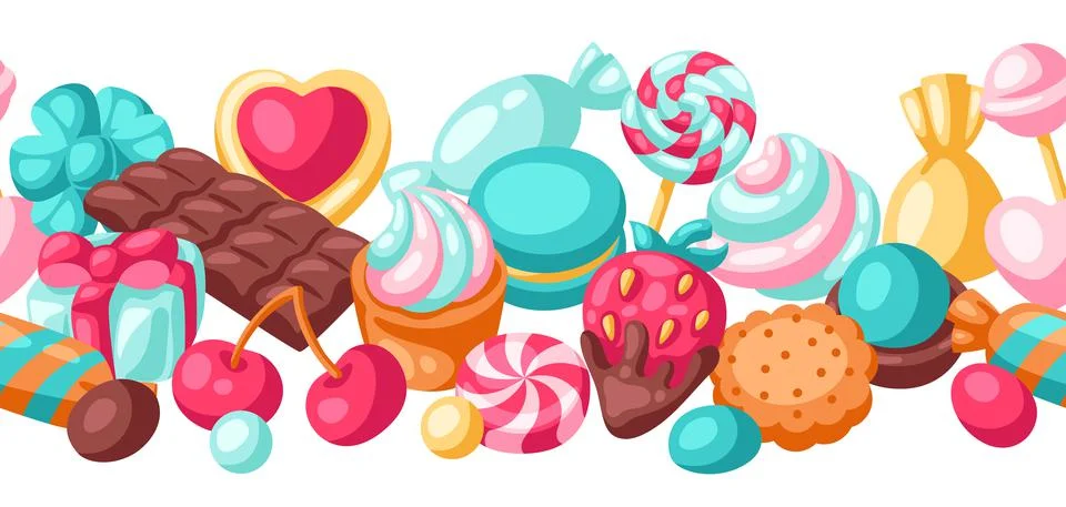 Seamless pattern various candies and sweets. Confectionery or bakery stylized Stock Illustration