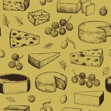 Seamless pattern with various cheeses in vintage engraving style. Hand-draw.. Illustrazione stock