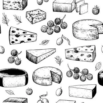 Seamless pattern with various cheeses in vintage engraving style. Hand-draw.. Illustrazione stock