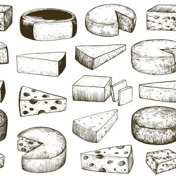 Seamless pattern with various cheeses in vintage engraving style. Hand-draw.. Illustrazione stock