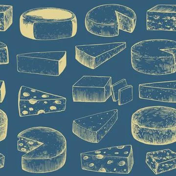 Seamless pattern with various cheeses in vintage engraving style. Hand-draw.. Illustrazione stock