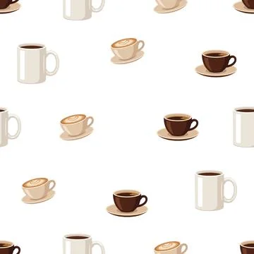 Seamless pattern with various coffee cups and mugs on white background. Stock Illustration