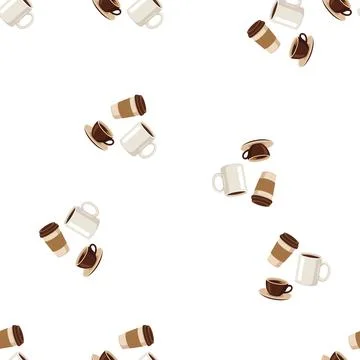 Seamless pattern with various coffee cups and mugs on white background. Illustrazione stock