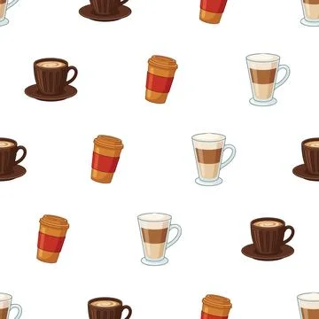 Seamless pattern with various coffee cups and mugs on white background. Illustrazione stock