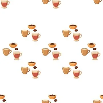 Seamless pattern with various coffee cups and beans on white background. Stock Illustration