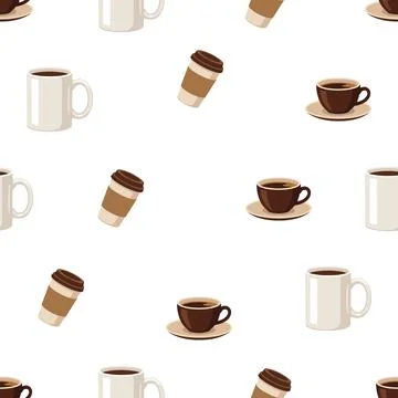 Seamless pattern with various coffee cups and mugs on white background. Illustrazione stock