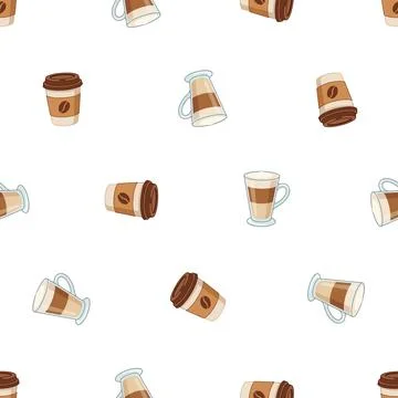 Seamless pattern with various coffee cups and mugs on white background. Stockillustratie