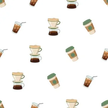 Seamless pattern with various coffee drinks and brewing equipment on white .. Illustrazione stock