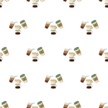 Seamless pattern with various coffee drinks and brewing equipment on white .. Illustrazione stock