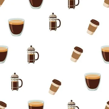 Seamless pattern with various coffee drinks and brewing equipment on white .. Illustrazione stock