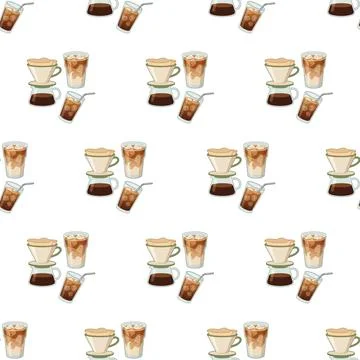 Seamless pattern with various coffee drinks and brewing equipment on white .. Illustrazione stock