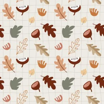 Seamless pattern with various colorful fall leaves, fruit and flowers Stock Illustration