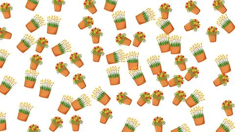 Seamless pattern of various colorful flowers in terracotta pots on white ba.. 스톡 일러스트