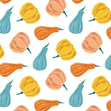 Seamless pattern with various colorful pumpkins and squashes in warm autumn hues Stock Illustration