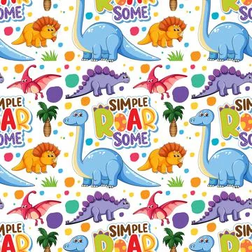 Seamless pattern with various cute dinosaurs and font on white background Stock Illustration