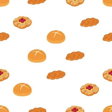 Seamless pattern with various delicious bakery items and sweet pastries on .. Stock Illustration