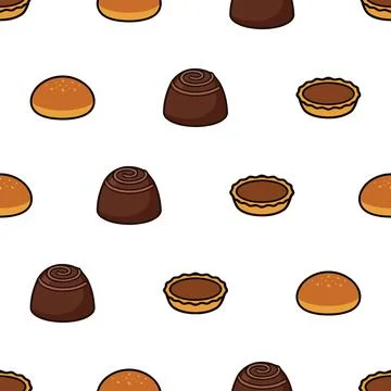Seamless pattern with various delicious bakery pastry and sweet dessert items Stock Illustration