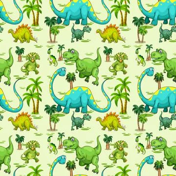 Seamless pattern with various dinosaurs and tree on green background Illustrazione stock