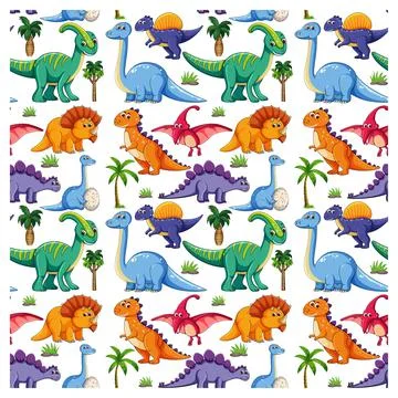 Seamless pattern with various dinosaurs and nature elements on white backgrou Illustrazione stock