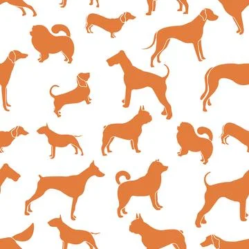 Seamless pattern with various dog silhouettes in orange on white background Illustrazione stock