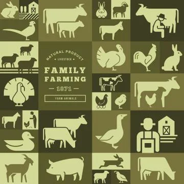 Seamless pattern of various farm animals on dark backgrounds from vector icons. Stock Illustration