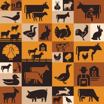 Seamless pattern of various farm animals on dark backgrounds from vector icons. Stock Illustration