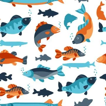 Seamless pattern with various fish. Background made without clipping mask. Easy Stock Illustration