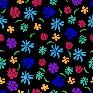 Seamless pattern of various flowers on a black background Stock Illustration