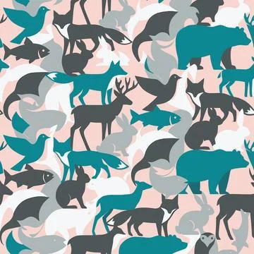 Seamless Pattern with Various Forest and Wild Animals on a Camouflage Backg.. Stock Illustration